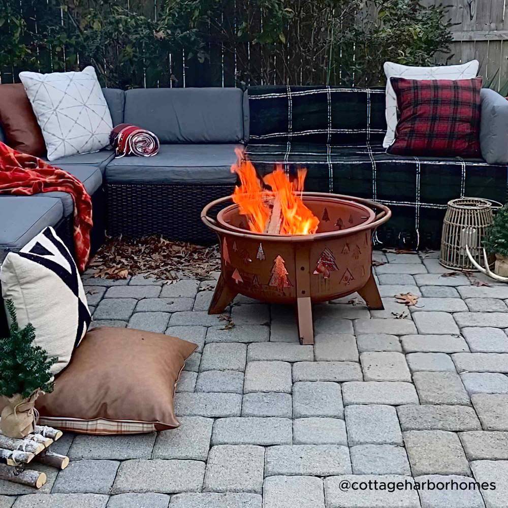 SUNJOY 30 Inch Copper Steel Holiday Fire Pit with Spark Screen & Poker  