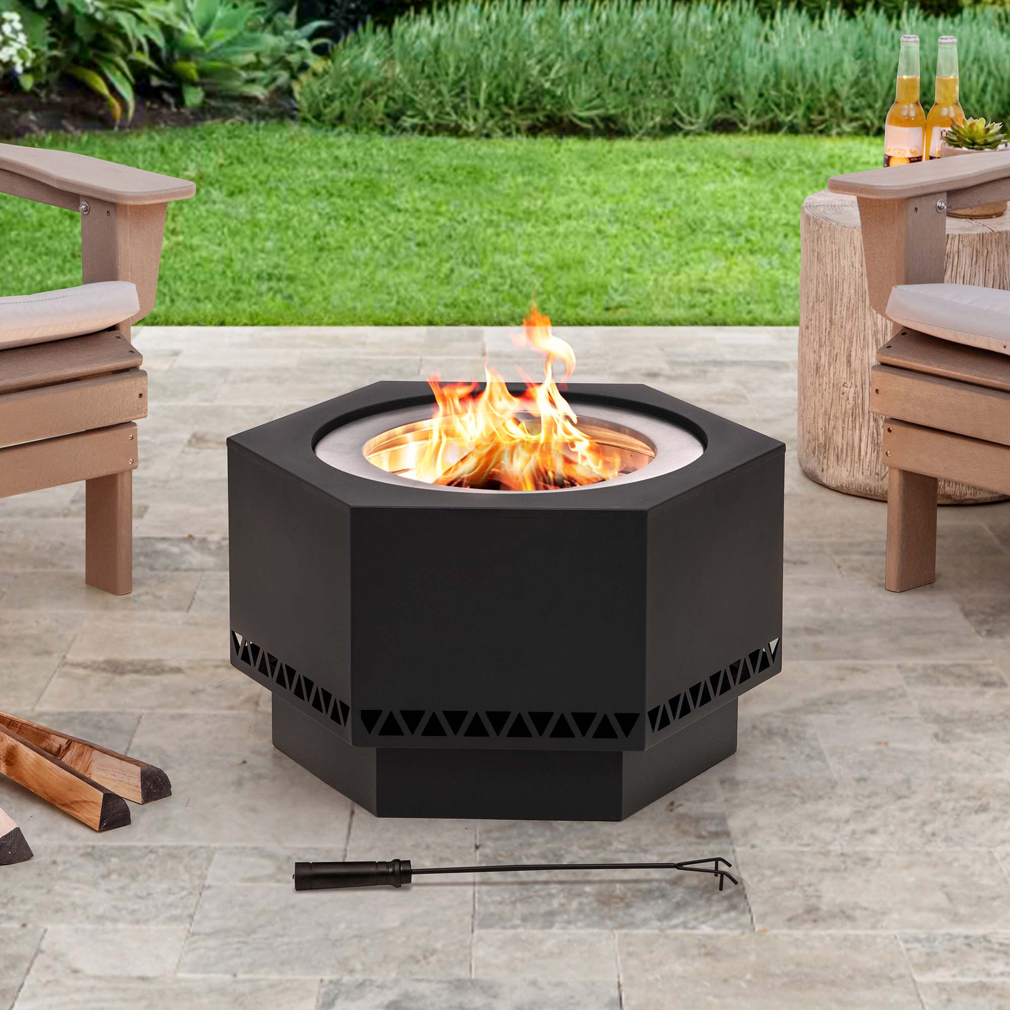Sunjoy Smokeless Patio Fire Pit, Hexagon Firepit, Outdoor Wood Burning Portable Fire Pit w/ PVC Cover and Fire Poker.