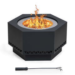 Sunjoy Smokeless Patio Fire Pit, Hexagon Firepit, Outdoor Wood Burning Portable Fire Pit w/ PVC Cover and Fire Poker