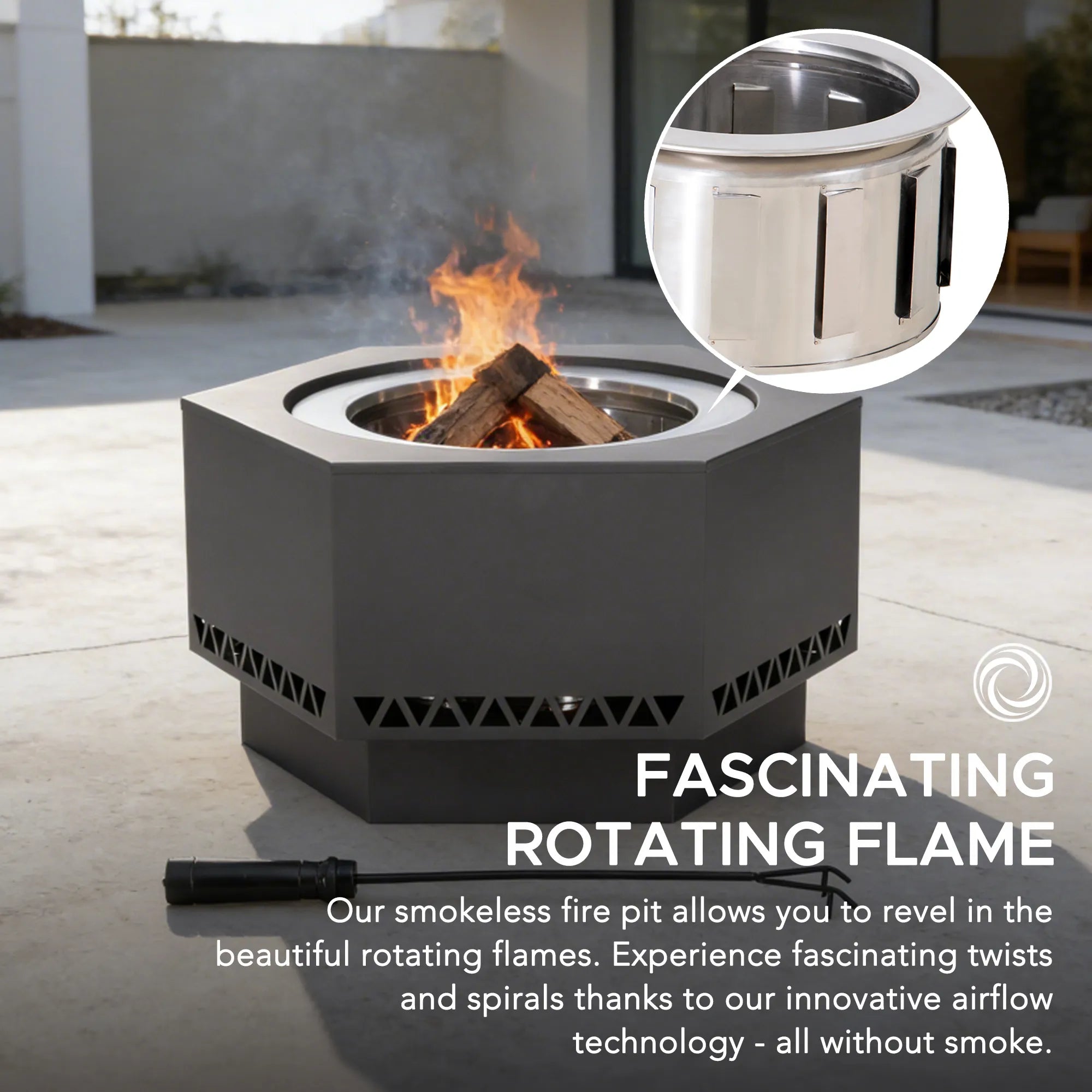 SUNJOY 28 Inch Hexagon Stainless Steel Smokeless Fire Pit with PVC Cover - Triangle Pattern & Gray 