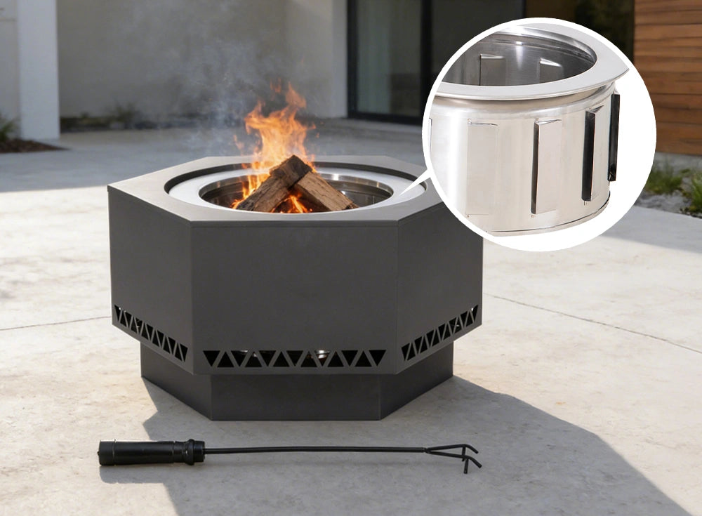 SUNJOY 28 Inch Hexagon Stainless Steel Smokeless Fire Pit with PVC Cover - Triangle Pattern & Gray