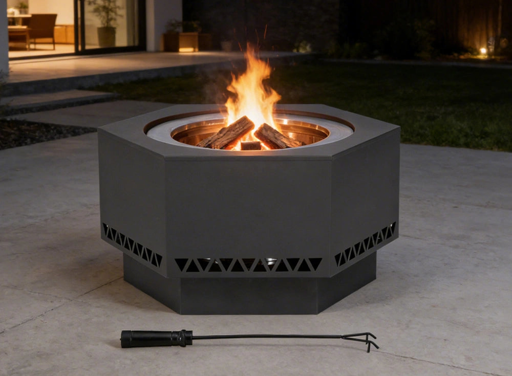 SUNJOY 28 Inch Hexagon Stainless Steel Smokeless Fire Pit with PVC Cover - Triangle Pattern & Gray