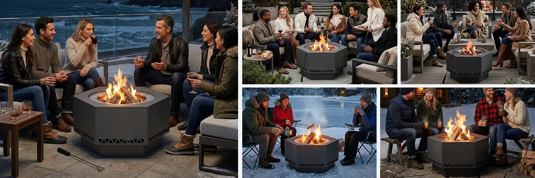SUNJOY 28 Inch Hexagon Stainless Steel Smokeless Fire Pit with PVC Cover - Triangle Pattern & Gray