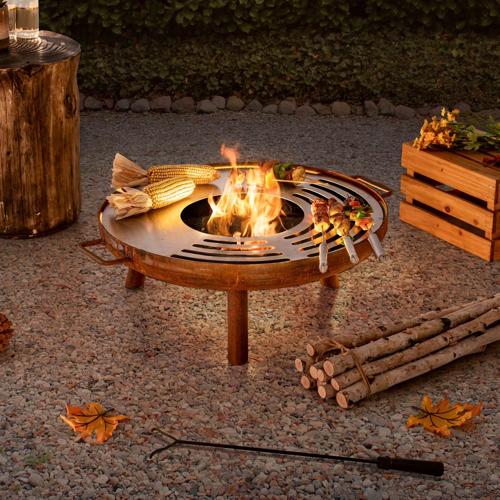 SUNJOY 28 Inch Portable Fire Pit Grill with Stainless Steel Baking Sheet.