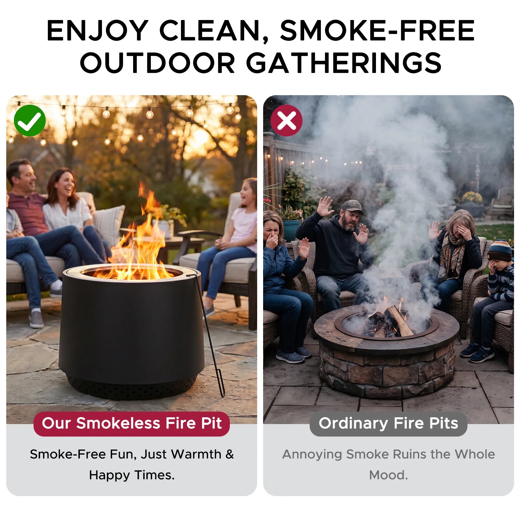 SUNJOY 21 Inch Cylindrical Stainless Steel Smokeless Fire Pit with PVC Cover and Poker - Black