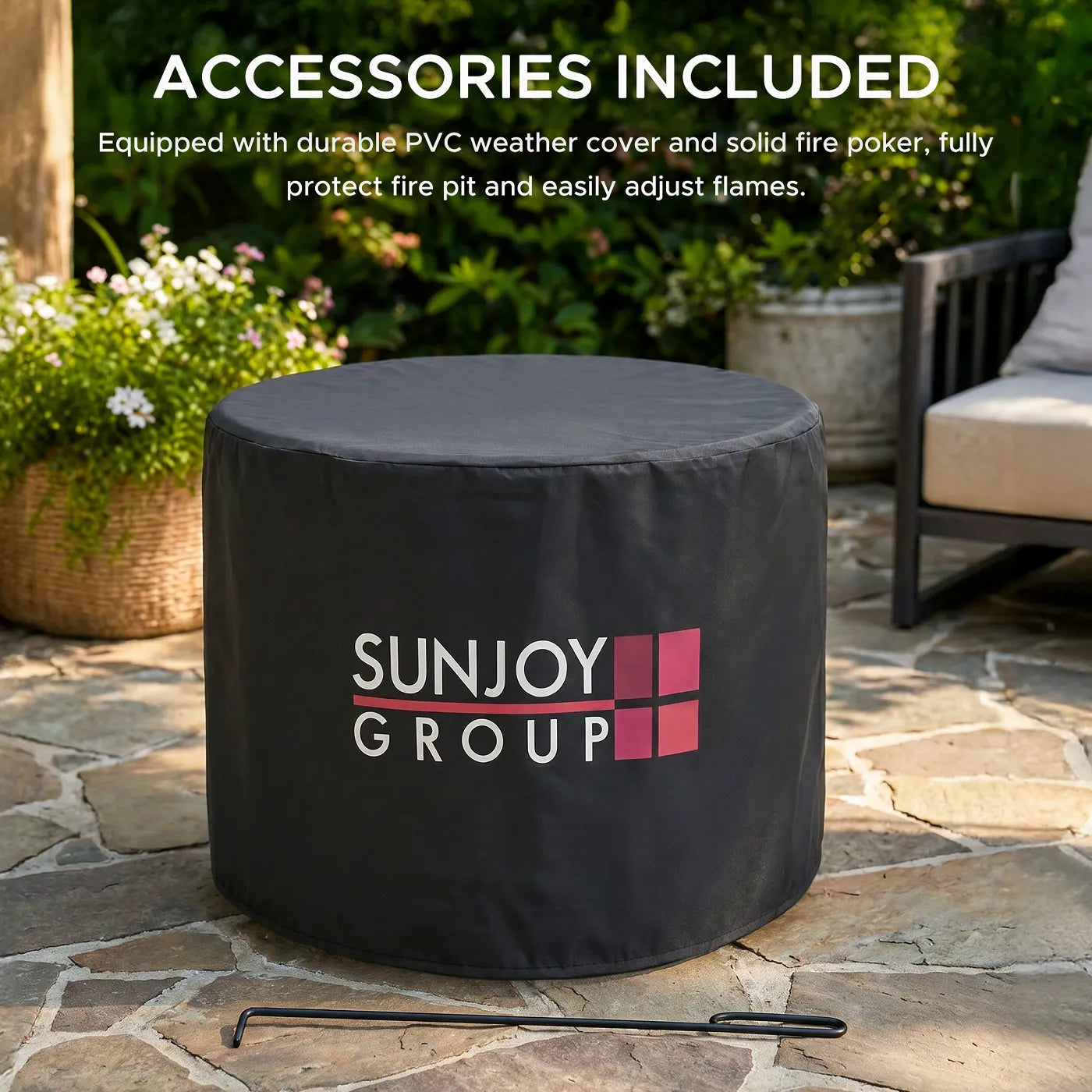 SUNJOY 21 Inch Cylindrical Stainless Steel Smokeless Fire Pit with PVC Cover and Poker - Gray