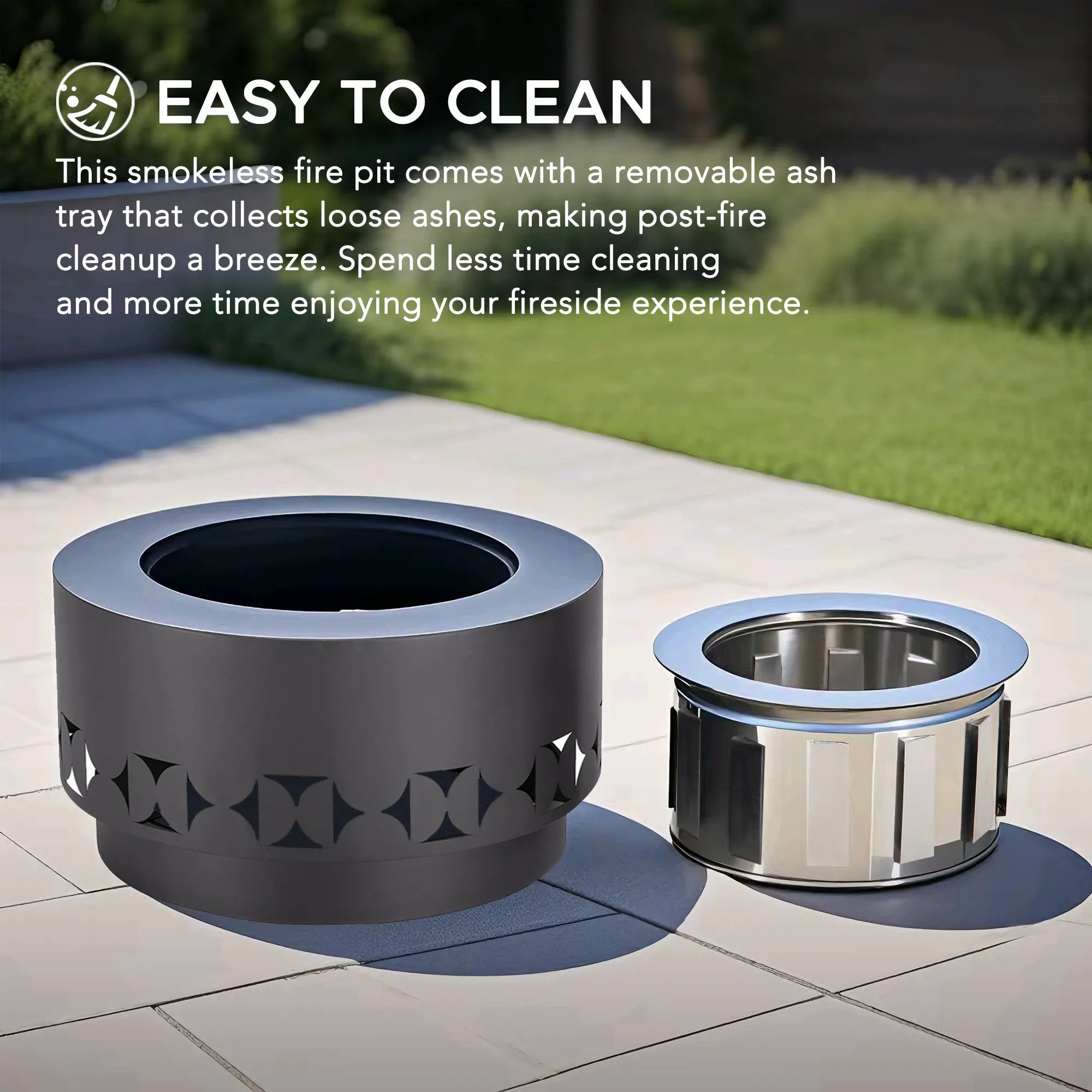 SUNJOY 28 Inch Round Stainless Steel Smokeless Fire Pit with PVC Cover and Poker - Triangle Pattern & Gray
