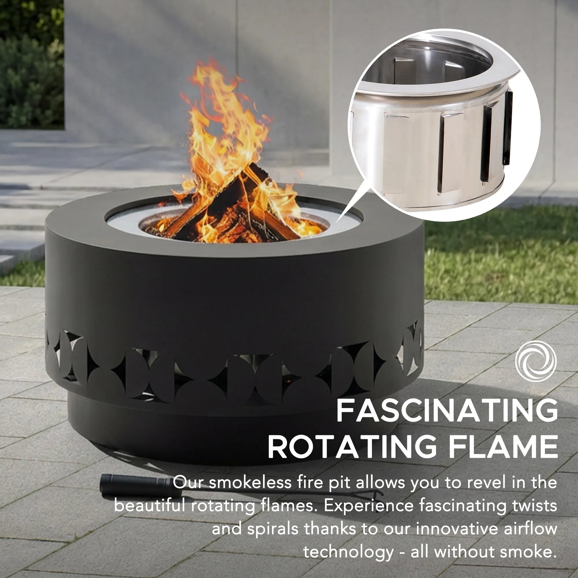 SUNJOY 28 Inch Round Stainless Steel Smokeless Fire Pit with PVC Cover and Poker - Triangle Pattern & Gray