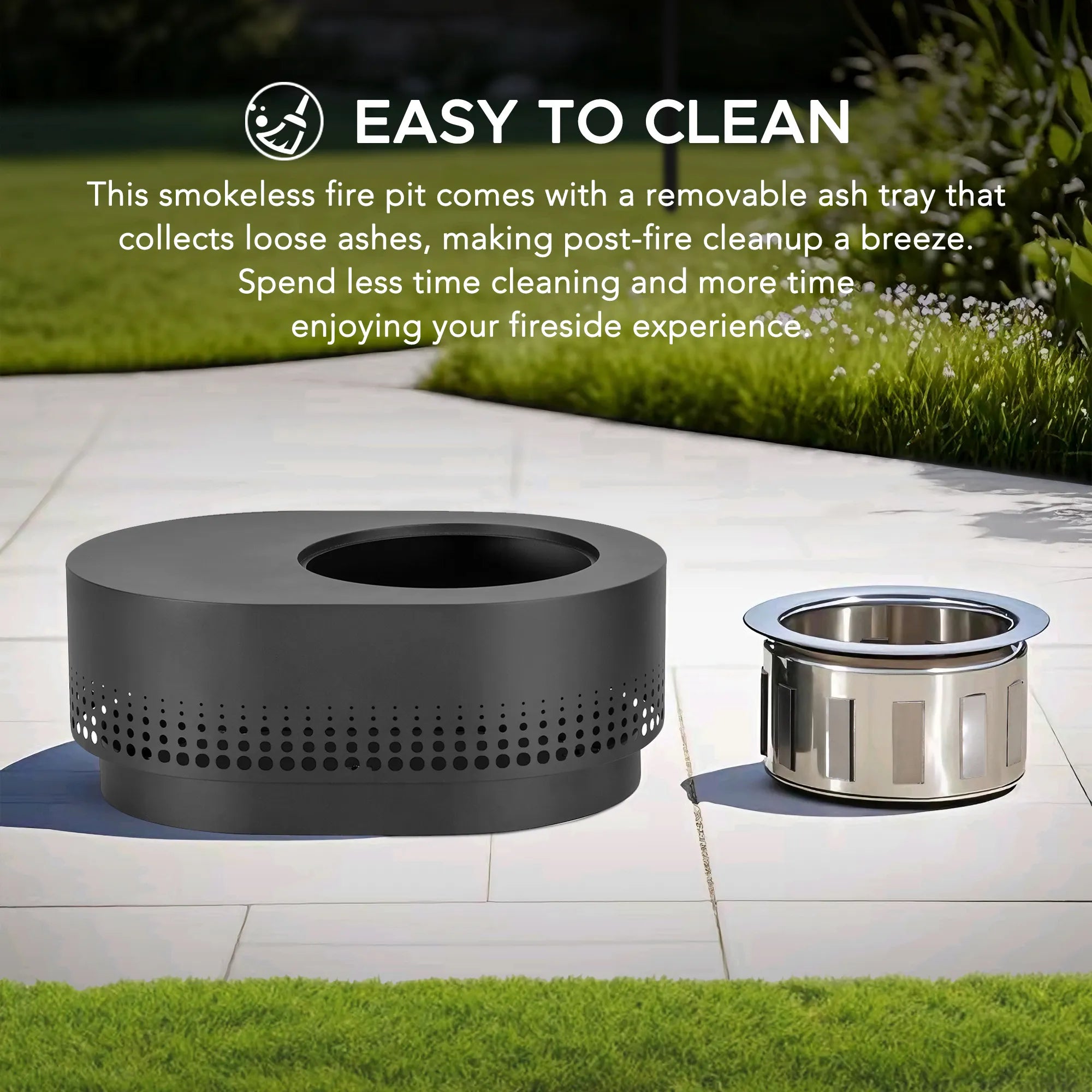 SUNJOY 38 Inch Stainless Steel Smokeless Fire Pit with PVC Cover and Poker - Dot Grid & Gray