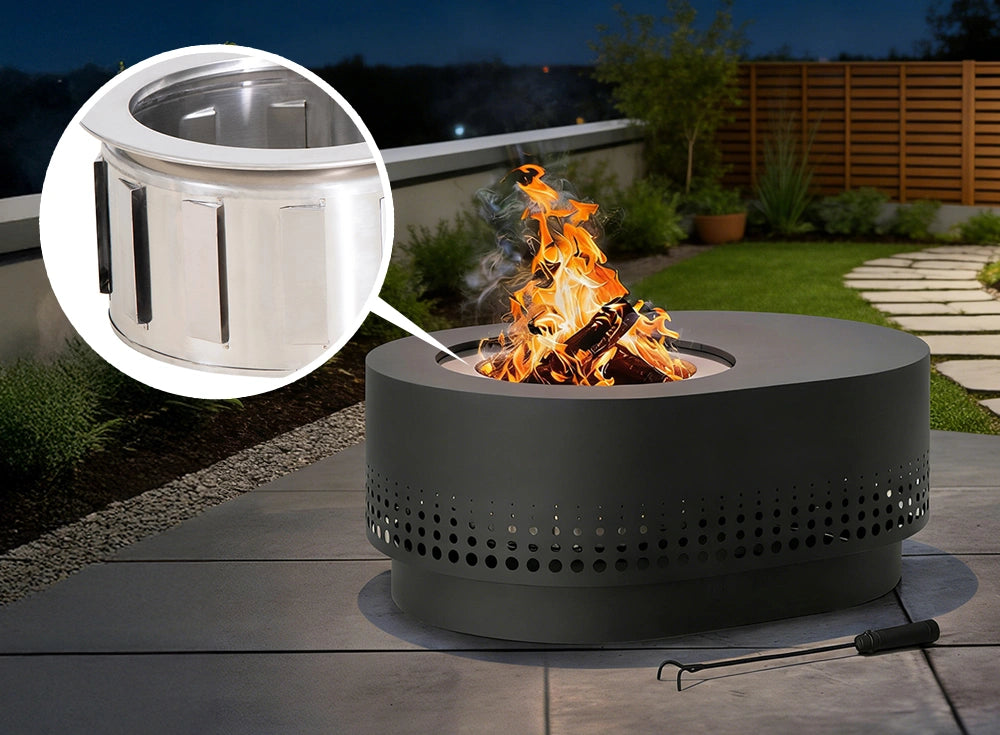 SUNJOY 38 Inch Stainless Steel Smokeless Fire Pit with PVC Cover and Poker - Dot Grid & Gray