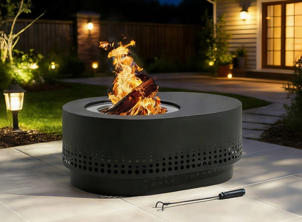 SUNJOY 38 Inch Stainless Steel Smokeless Fire Pit with PVC Cover and Poker - Dot Grid & Gray