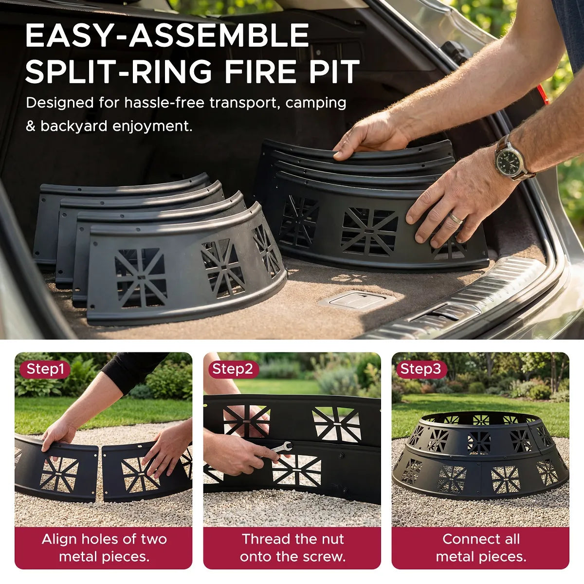 SUNJOY 36 Inch Heavy-Duty Steel Fire Pit Ring with Decorative Cutouts