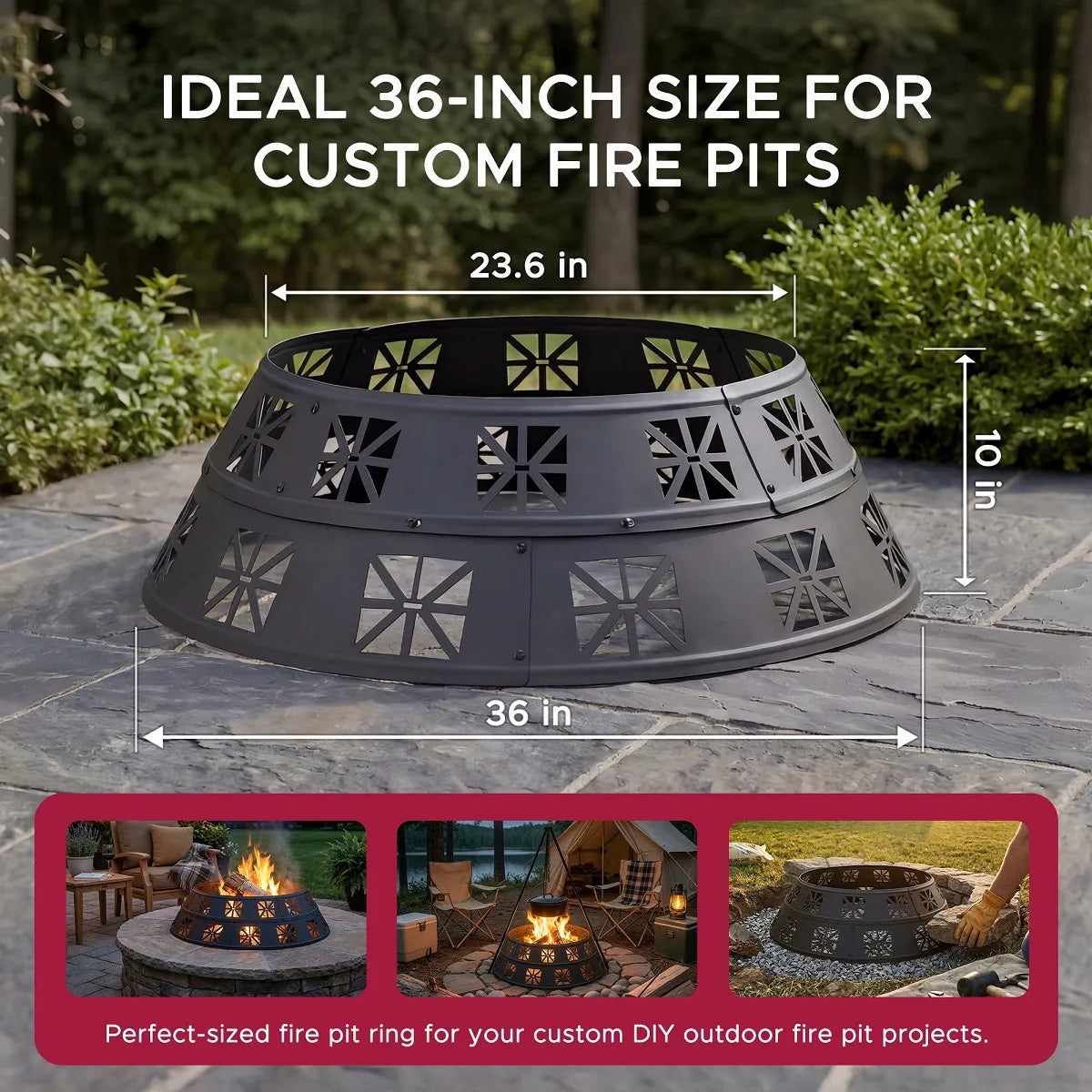 SUNJOY 36 Inch Heavy-Duty Steel Fire Pit Ring with Decorative Cutouts