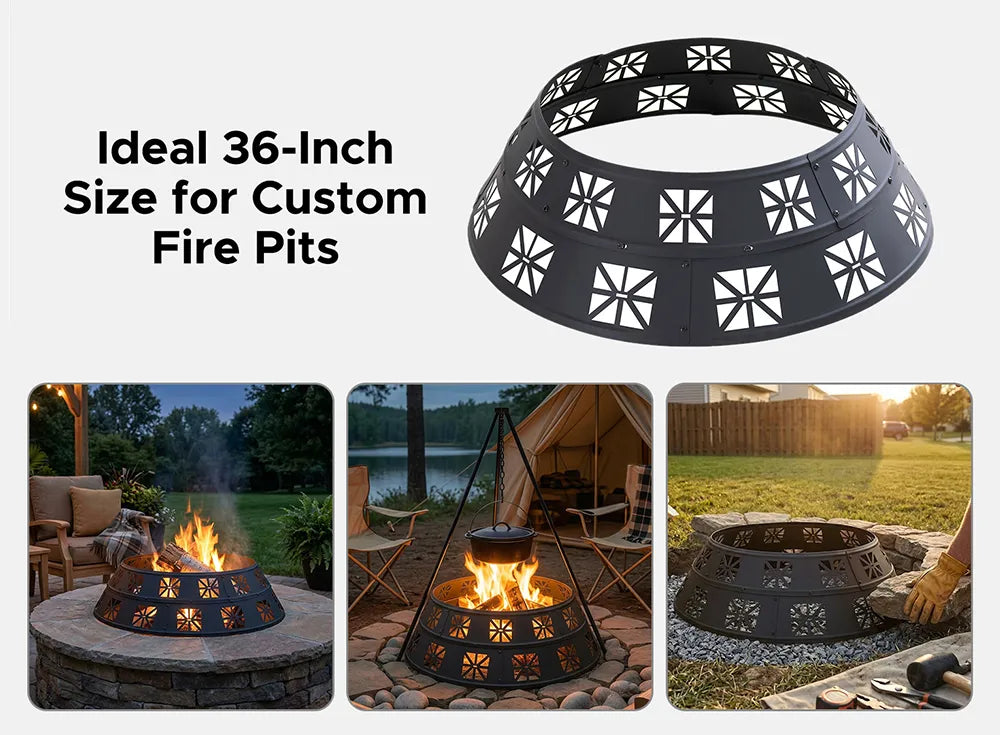 SUNJOY 36 Inch Heavy-Duty Steel Fire Pit Ring with Decorative Cutouts