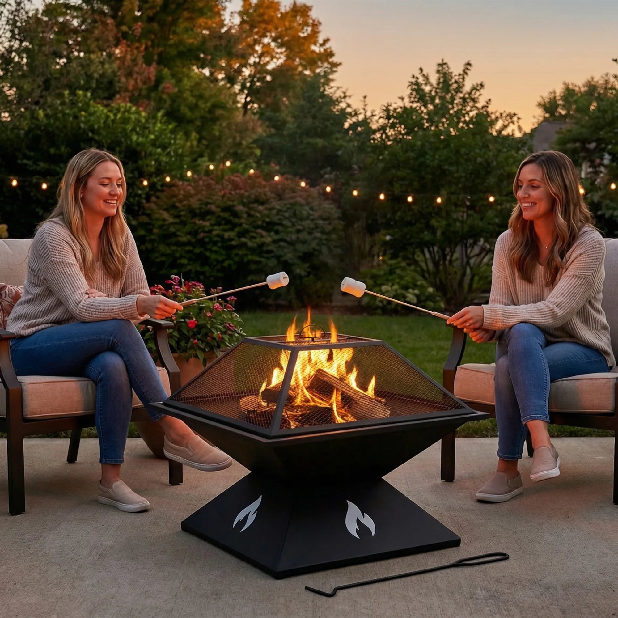 SUNJOY 20 Inch Compact Steel Fire Pit with Geometric Base, Spark Screen & Fire Poker