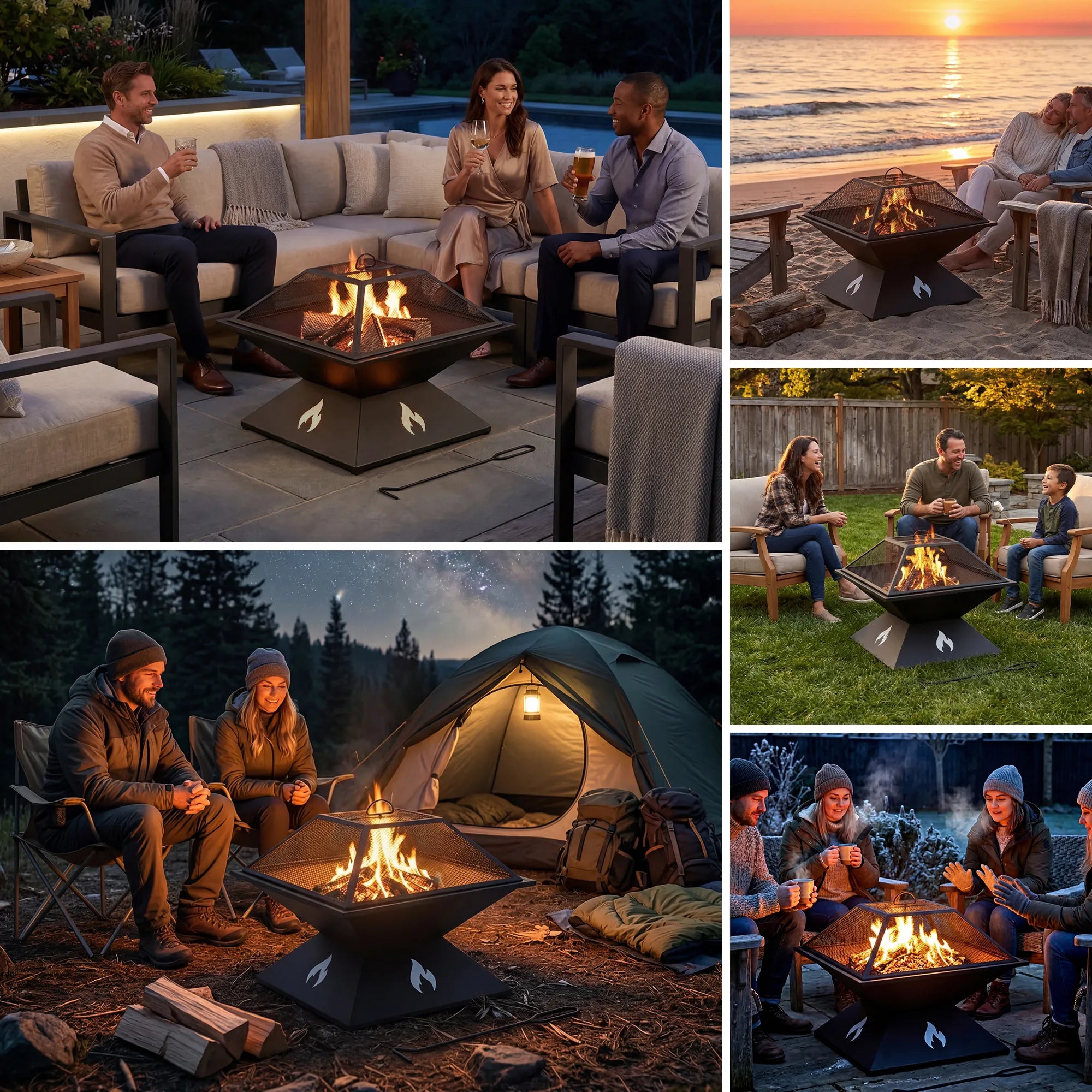 SUNJOY 20 Inch Compact Steel Fire Pit with Geometric Base, Spark Screen & Fire Poker