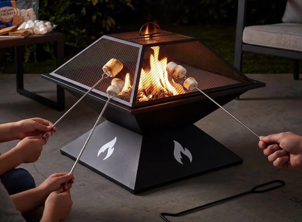SUNJOY 20 Inch Lightweight Steel Fire Pit with Geometric Base, Spark Screen & Fire Poker