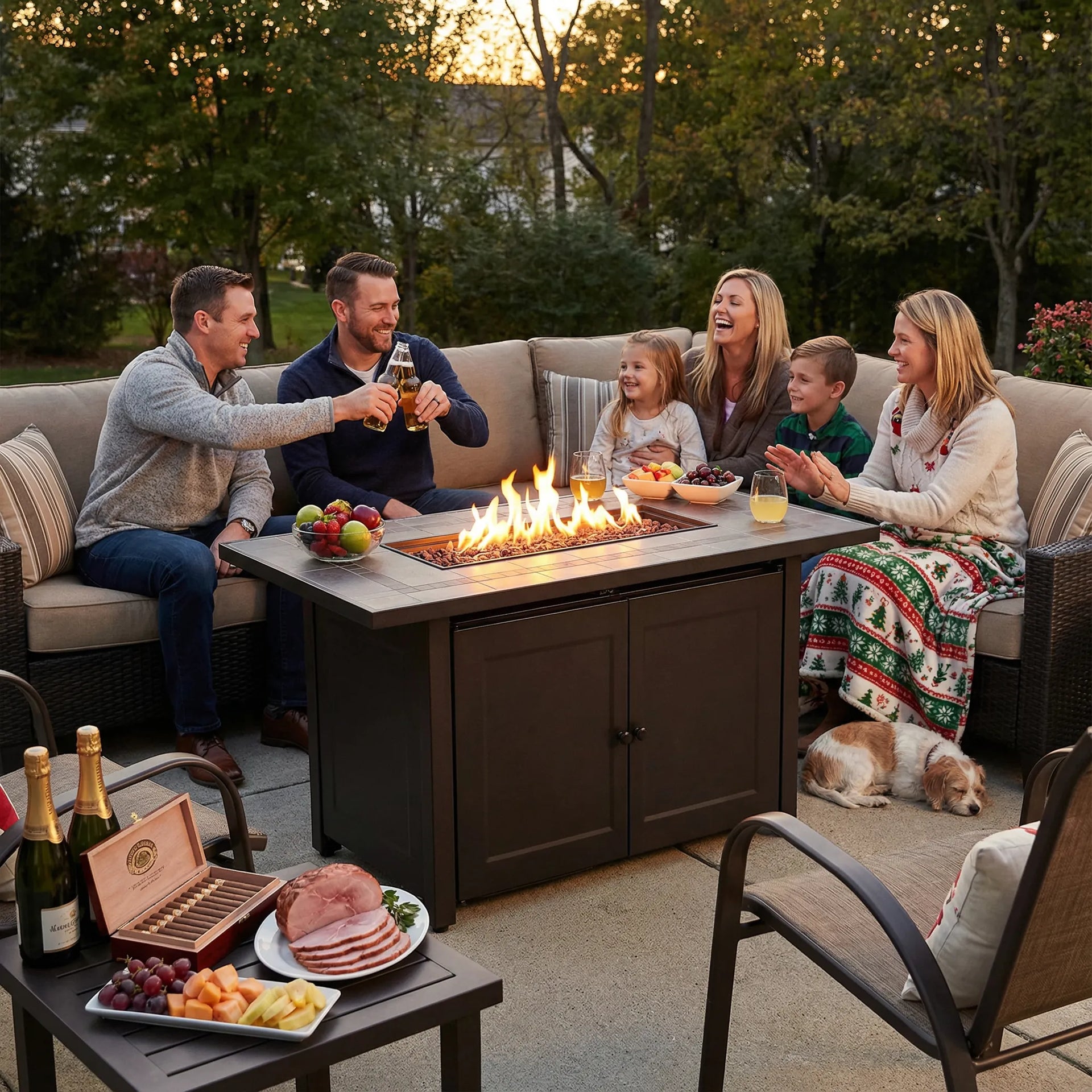 44 Inch Propane Gas Fire Pit Table Tile Tabletop & Lava Rocks