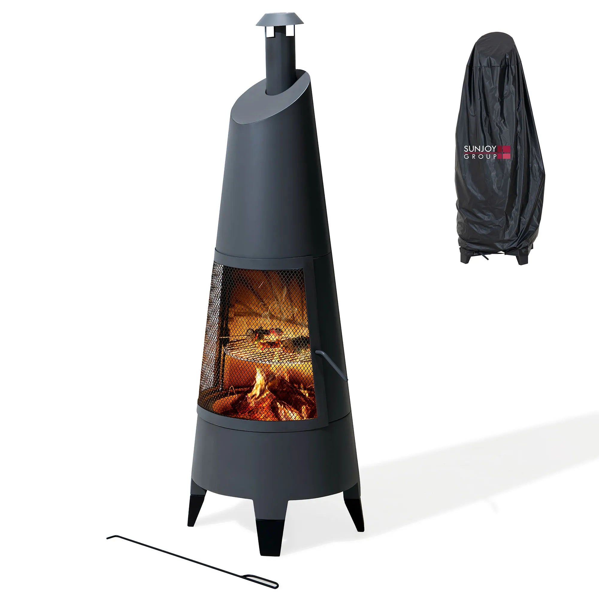 SUNJOY 57 Inch 2-in-1 Chiminea Fire Pit & Grill with Removable Grill Grate and PVC Cover - Gray