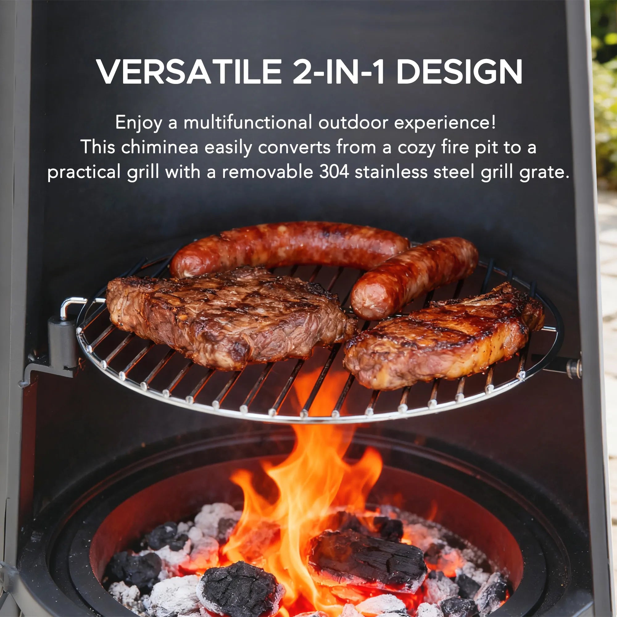 SUNJOY 57 Inch 2-in-1 Chiminea Fire Pit & Grill with Removable Grill Grate and PVC Cover - Gray