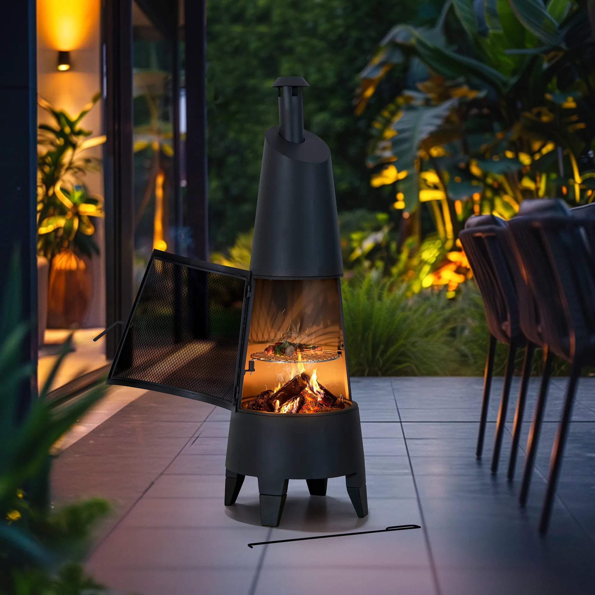 57 Inch Metal Chiminea Fire Pit with Grill & Cover | SUNJOY