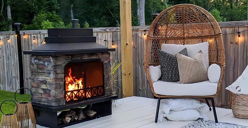 Outdoor patio with fireplace, wicker chair, and cushions on a wooden deck.