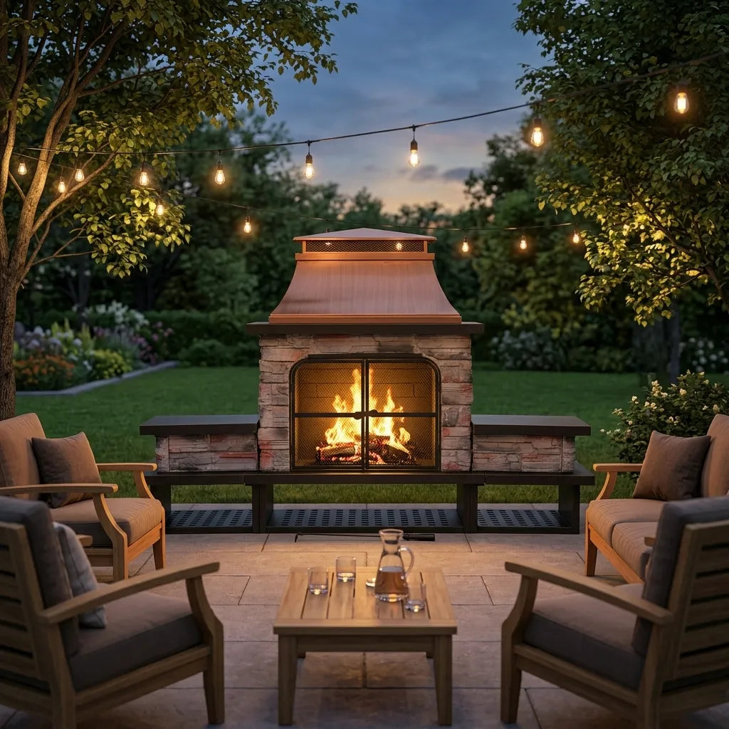 Canyon Stone Wood Burning Fireplace with Log Holders 82" - Antique Copper