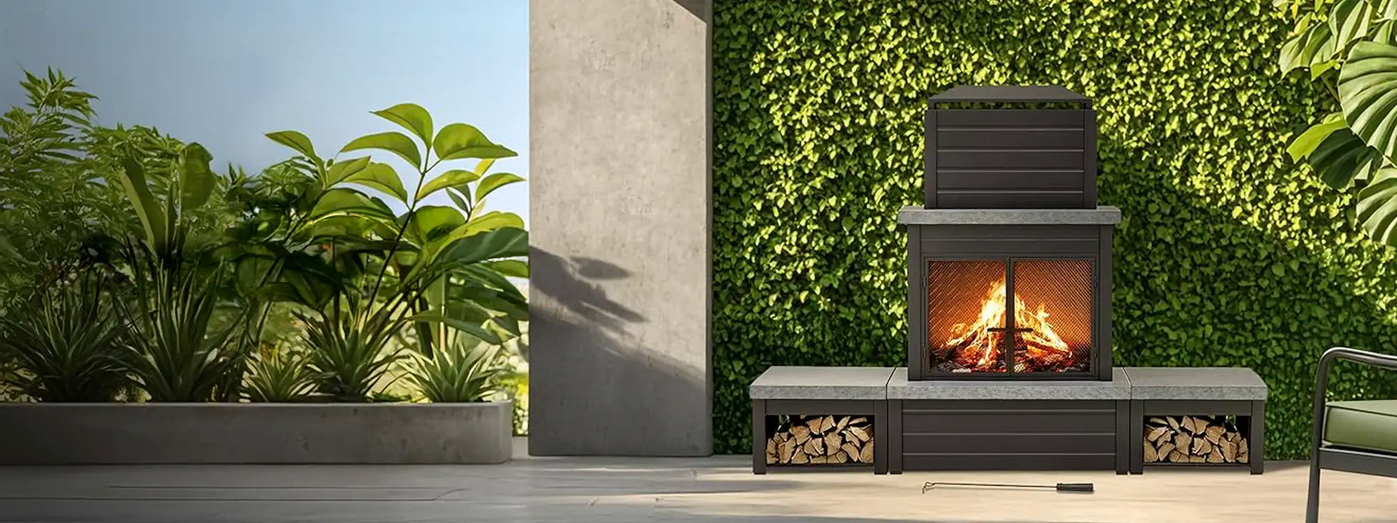 SUNJOY 58 Inch Modern Outdoor Fireplace with Chimney & Log Holders