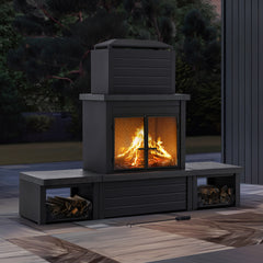 SUNJOY 58 Inch Modern Outdoor Fireplace with Chimney & Log Holders - Dark Gray