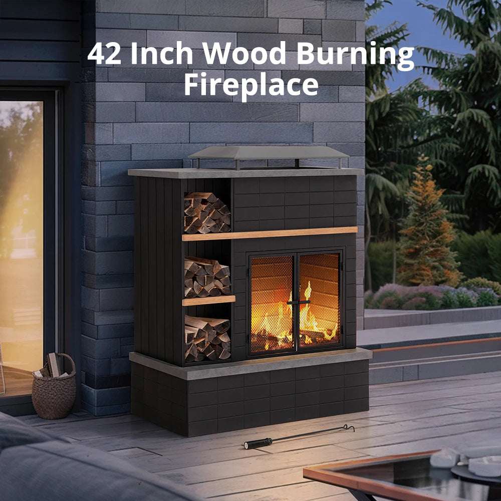 42 Inch Wood Burning Fireplace with fire lit outdoors on a patio