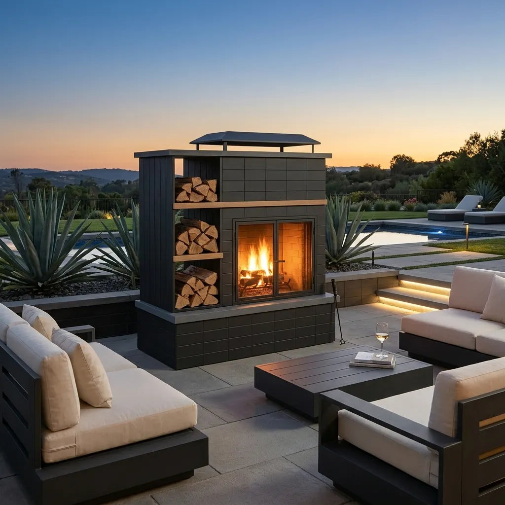 Modern outdoor fireplace pit with built-in wood storage, shown on a luxury patio at dusk with outdoor seating and a pool in the background.