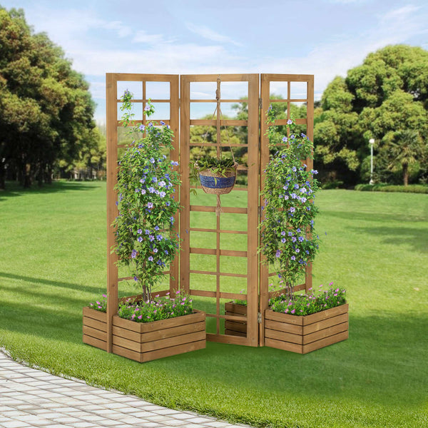 Sunjoy 67 in. Privacy Wall Outdoor Cedar Planter Privacy Screen, Freestanding Tri-fold Wood Raised Garden Bed with Trellis.