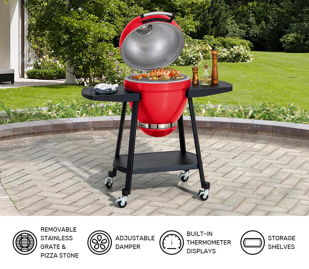 SUNJOY 20 Inch Charcoal Grill, Kamado Grill with Pizza Stone, Ultimate Egg BBQ Grill and Smoker with Wheels - Green
