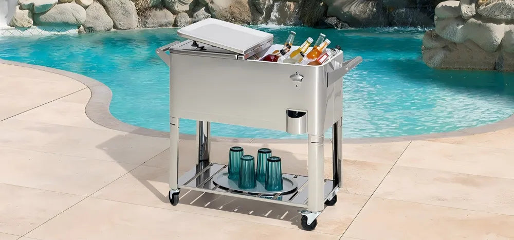 SUNJOY 80 Quart Stainless Steel Cooler Cart with Bottle Opener, Shelf and Lockable Wheels