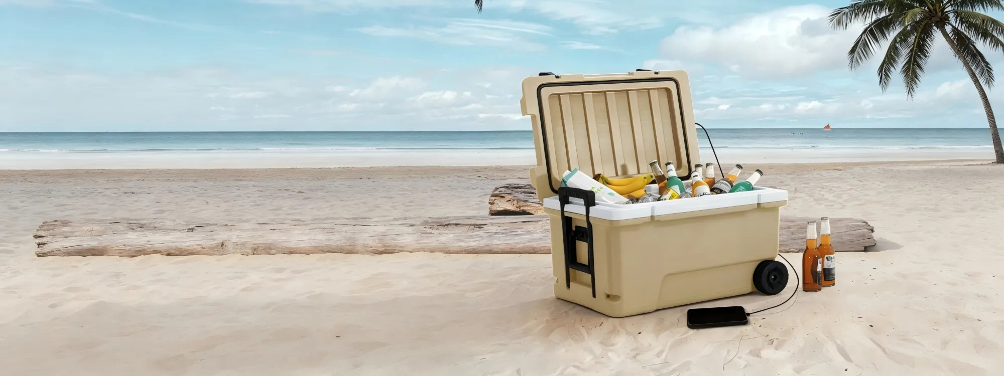 SUNJOY 60-quart Insulated Beach Ice Chest Cooler with Solar Panel, Wheels, and Handles - Tan