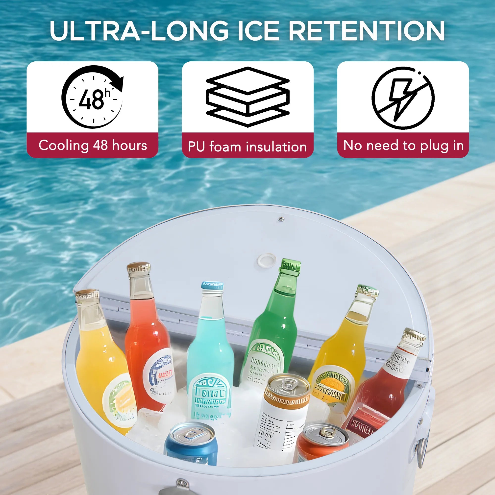 SUNJOY 60 Quart Patio Rooling Cooler Cart with Bottle Opener, Shelf and Lockable Wheels - White