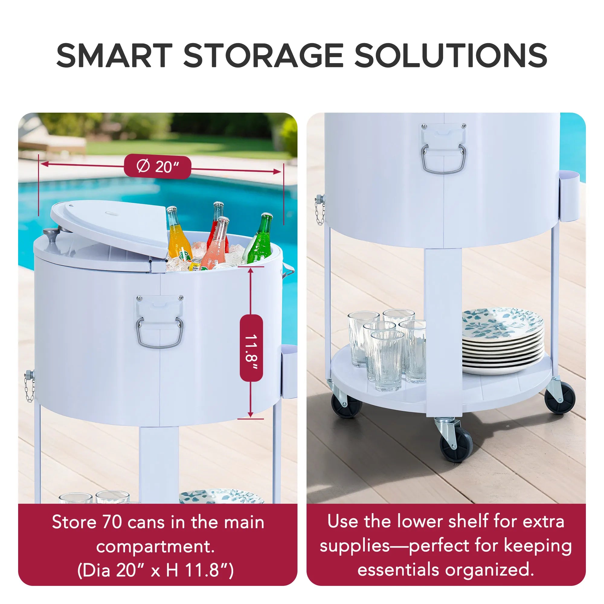 SUNJOY 60 Quart Patio Rooling Cooler Cart with Bottle Opener, Shelf and Lockable Wheels - White