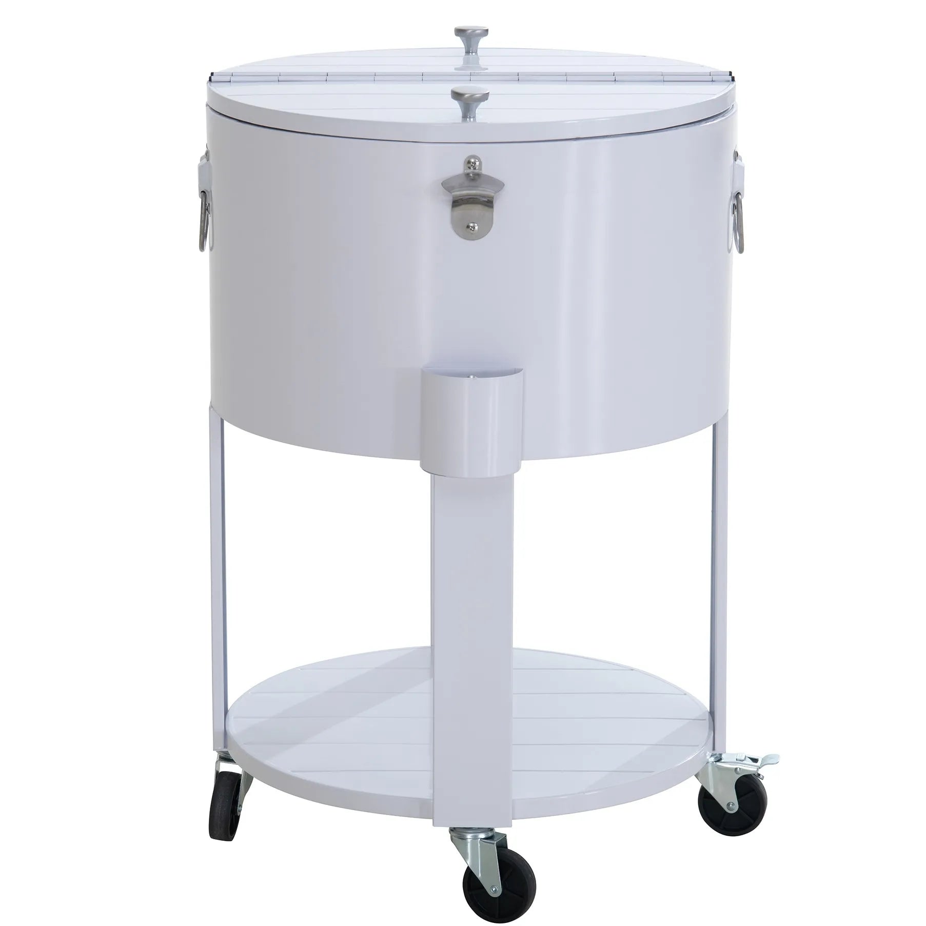 SUNJOY 60 Quart Patio Rooling Cooler Cart with Bottle Opener, Shelf and Lockable Wheels - White