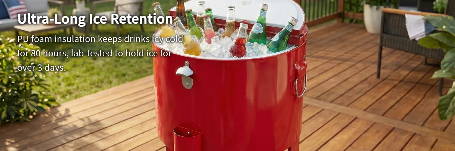 SUNJOY 60 Quart Patio Rooling Cooler Cart with Bottle Opener, Shelf and Lockable Wheels - Red