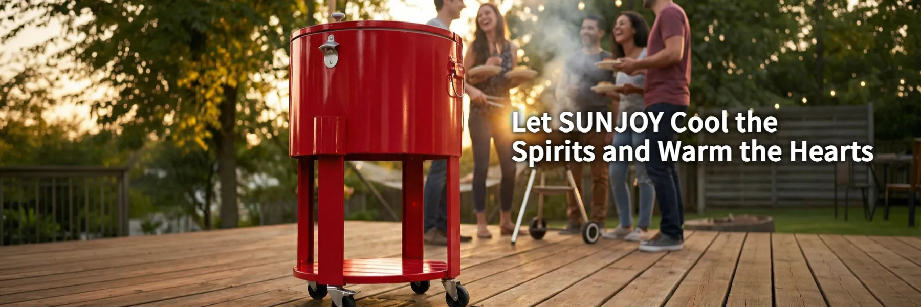 SUNJOY 60 Quart Patio Rooling Cooler Cart with Bottle Opener, Shelf and Lockable Wheels - Red