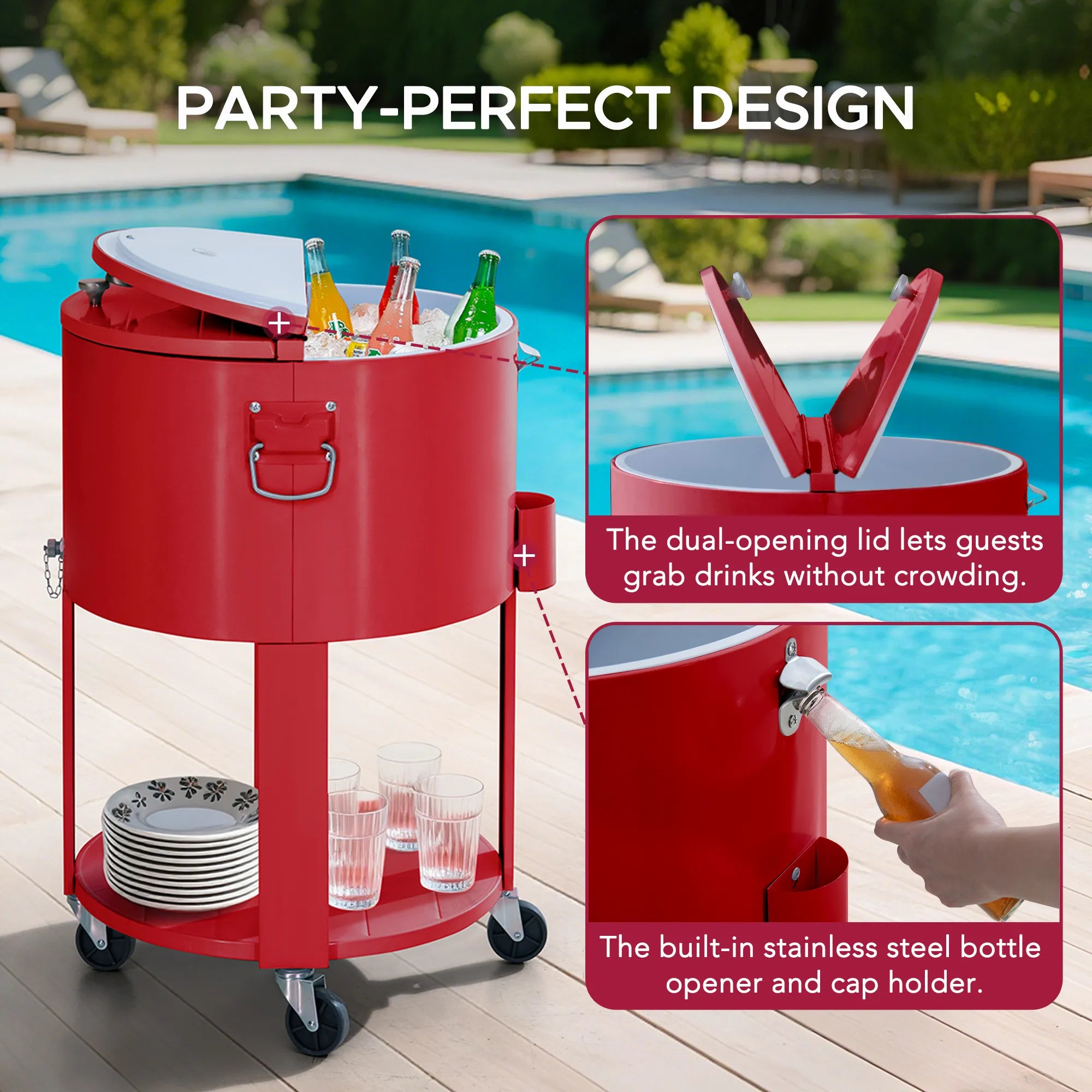 SUNJOY 60 Quart Patio Rooling Cooler Cart with Bottle Opener, Shelf and Lockable Wheels - Red