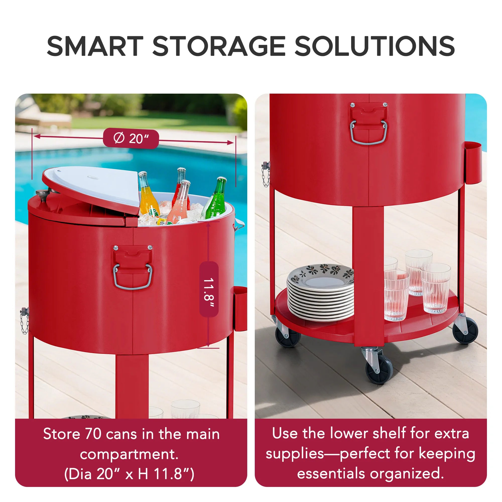 SUNJOY 60 Quart Patio Rooling Cooler Cart with Bottle Opener, Shelf and Lockable Wheels - Red