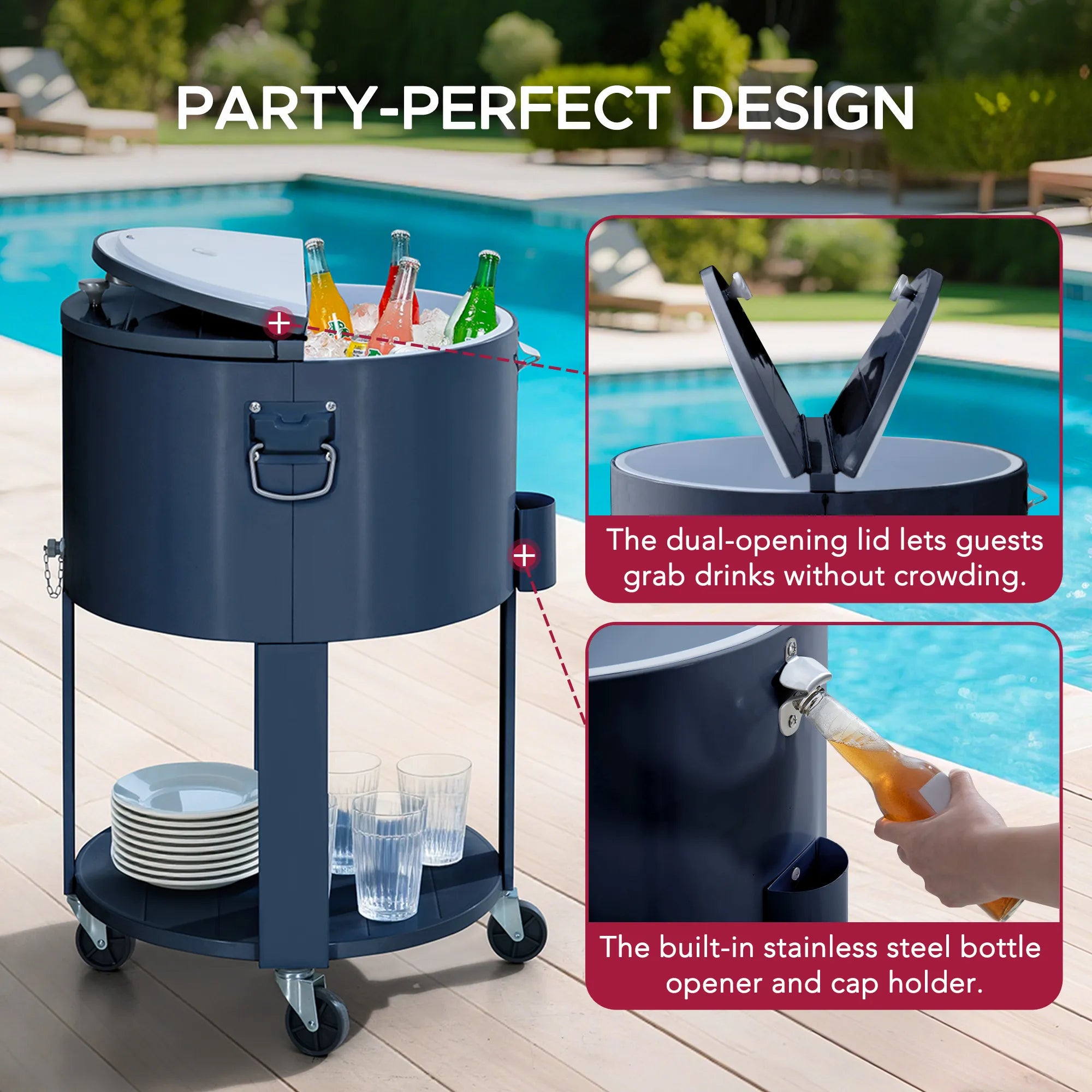 SUNJOY 60 Quart Patio Rooling Cooler Cart with Bottle Opener, Shelf and Lockable Wheels - Blue