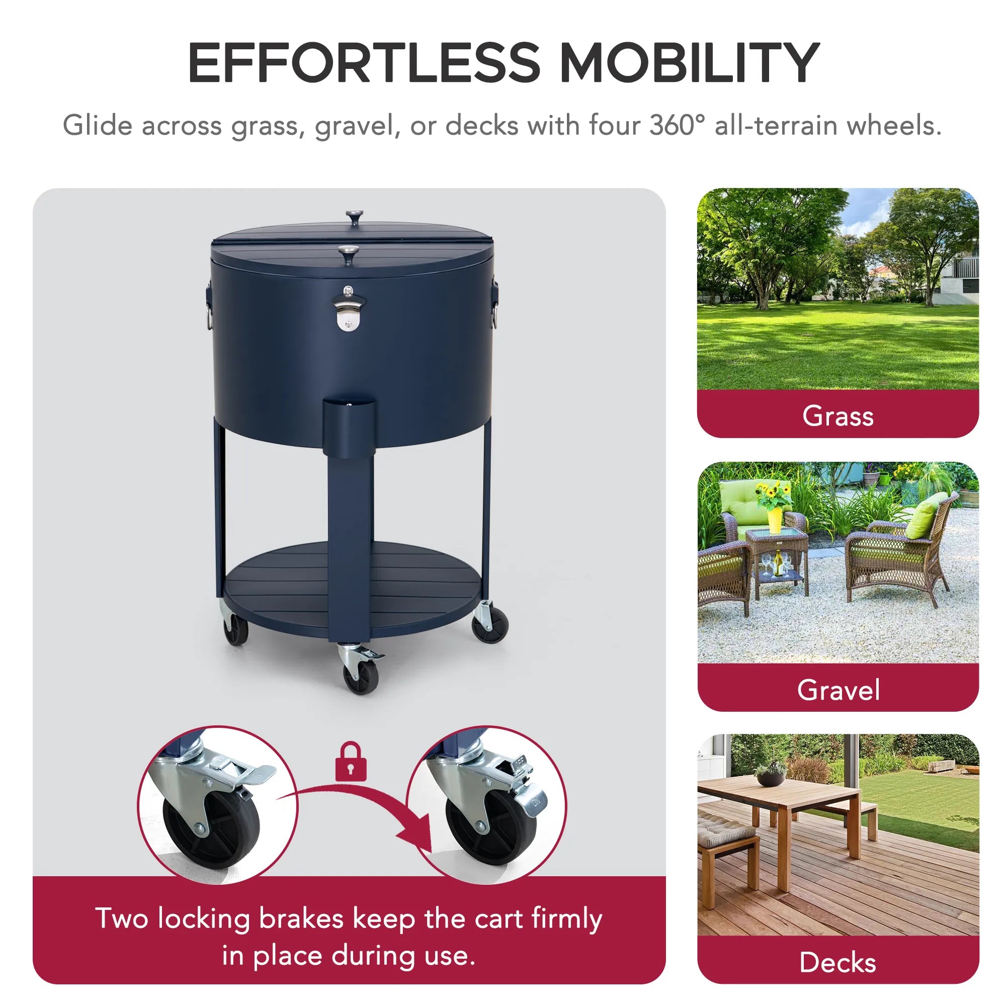 SUNJOY 60 Quart Patio Rooling Cooler Cart with Bottle Opener, Shelf and Lockable Wheels - Blue