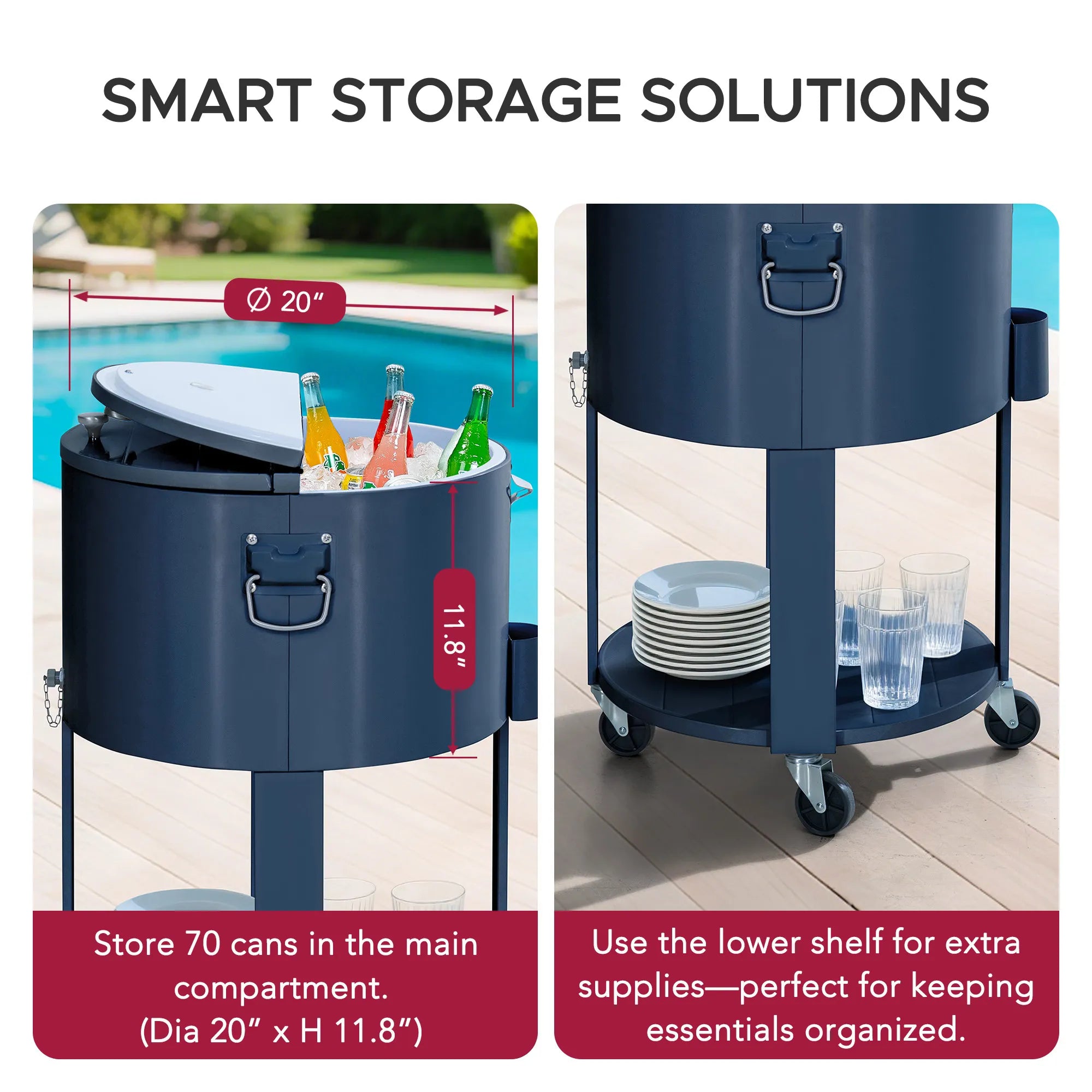 SUNJOY 60 Quart Patio Rooling Cooler Cart with Bottle Opener, Shelf and Lockable Wheels - Blue