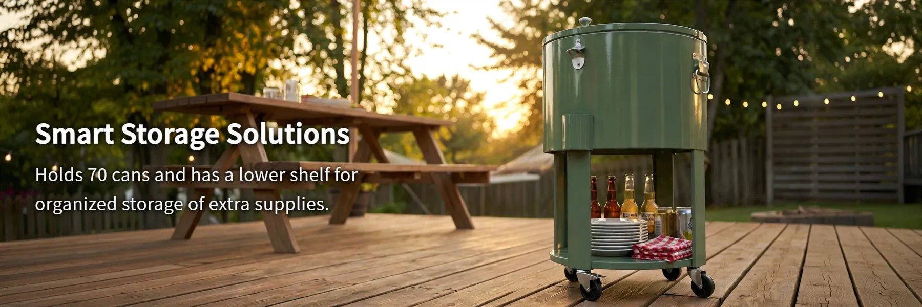 SUNJOY 60 Quart Patio Rooling Cooler Cart with Bottle Opener, Shelf and Lockable Wheels - Green