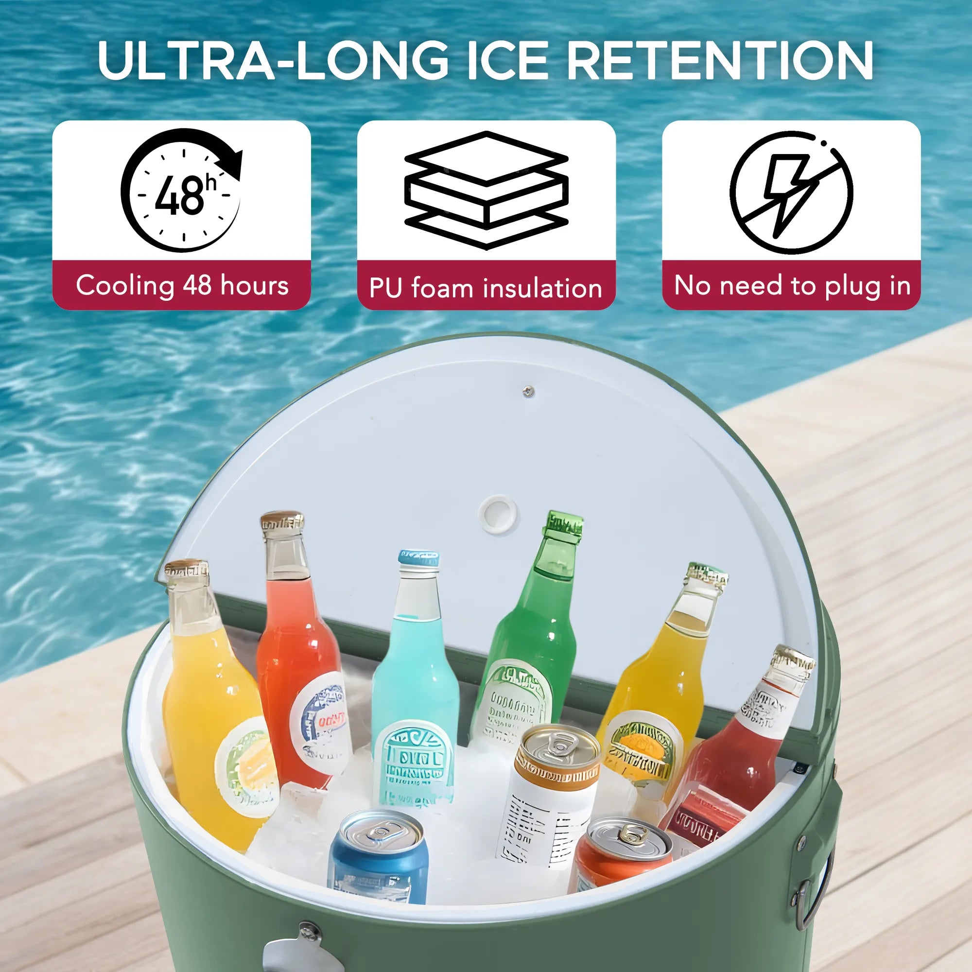 SUNJOY 60 Quart Patio Rooling Cooler Cart with Bottle Opener, Shelf and Lockable Wheels - Green