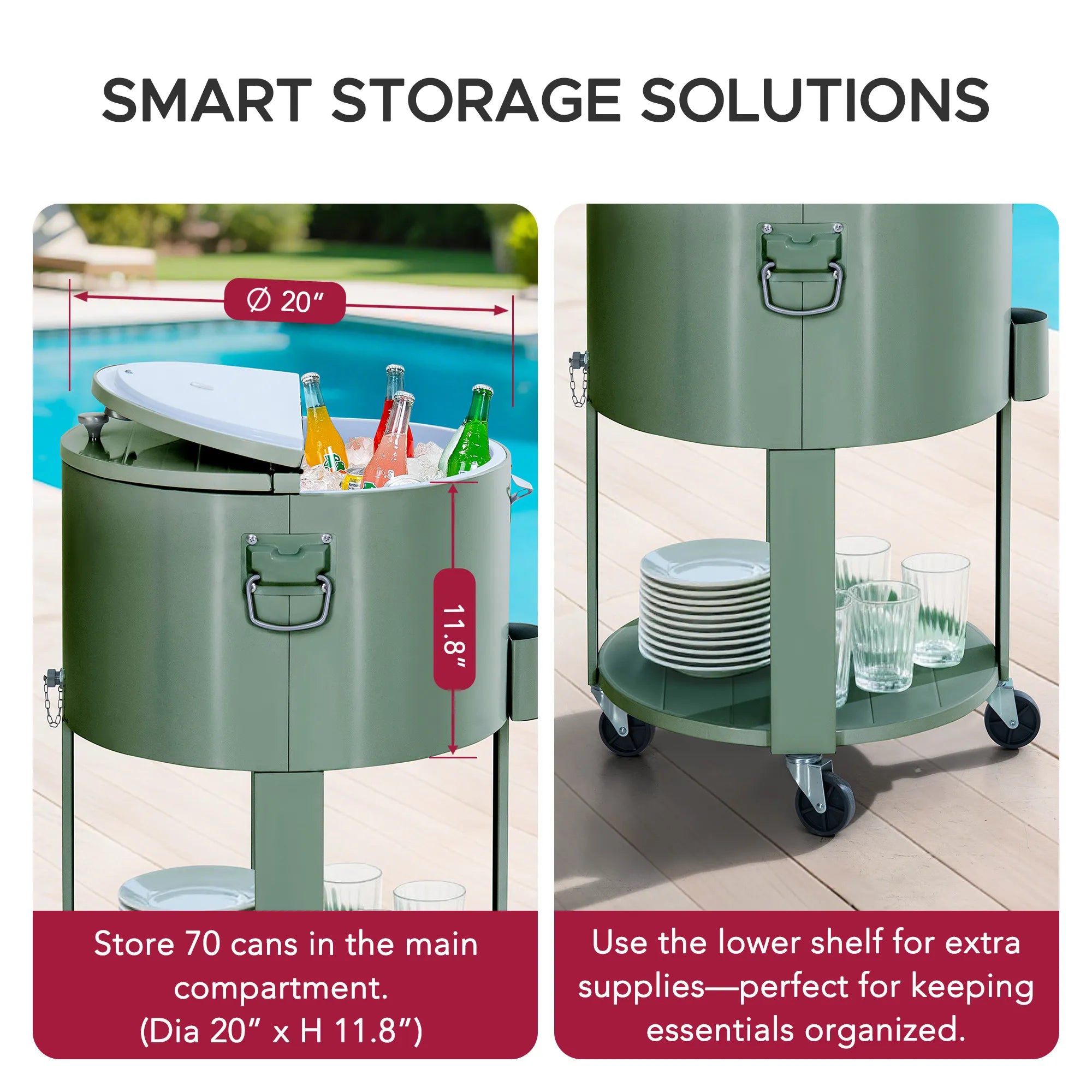 SUNJOY 60 Quart Patio Rooling Cooler Cart with Bottle Opener, Shelf and Lockable Wheels - Green