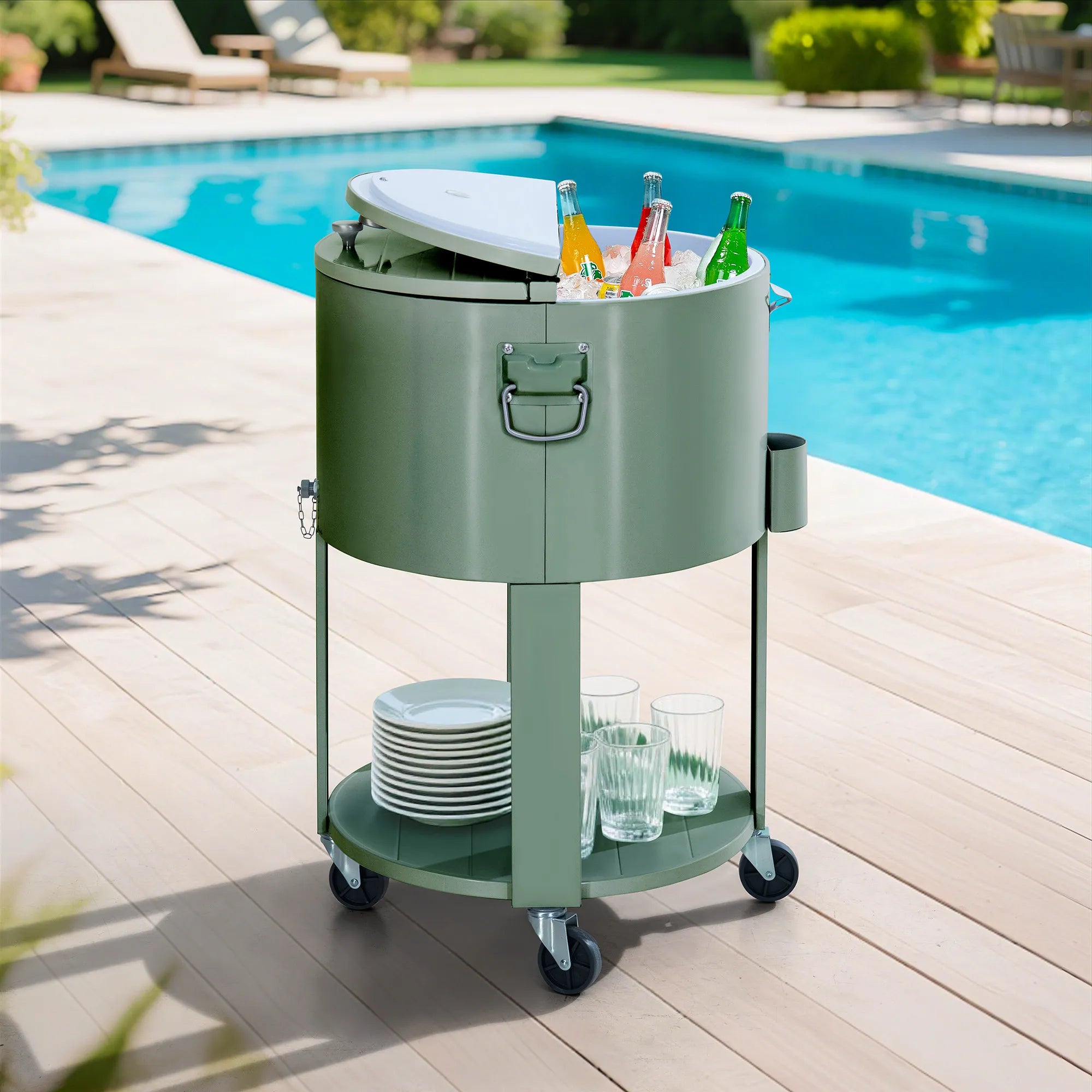 SUNJOY 60 Quart Patio Rooling Cooler Cart with Bottle Opener, Shelf and Lockable Wheels - Green