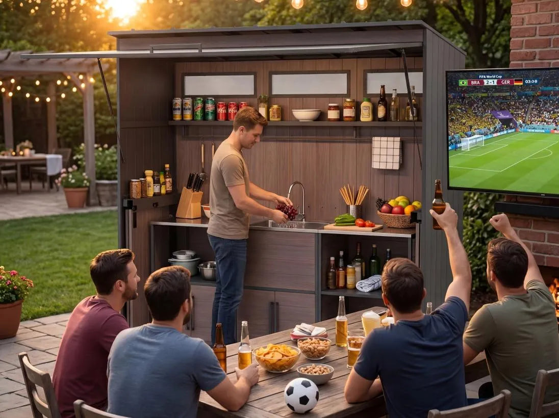 People watching sports on TV in an outdoor kitchen setting
